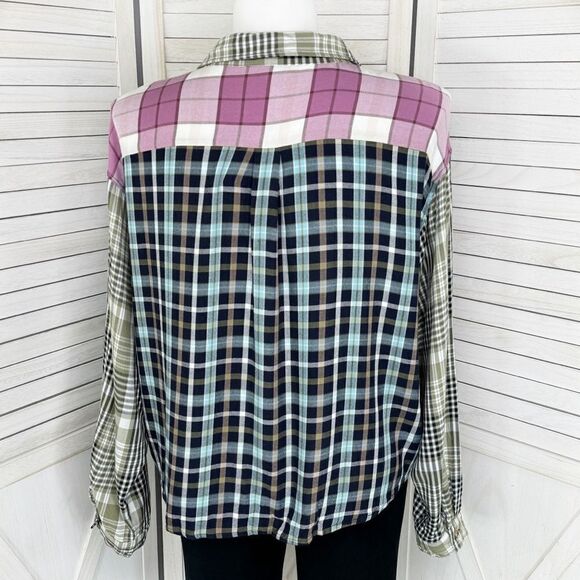 Cato Patchwork Multi Plaid Button Up Shirt XL Rayon Long Sleeve - Picture 4 of 12